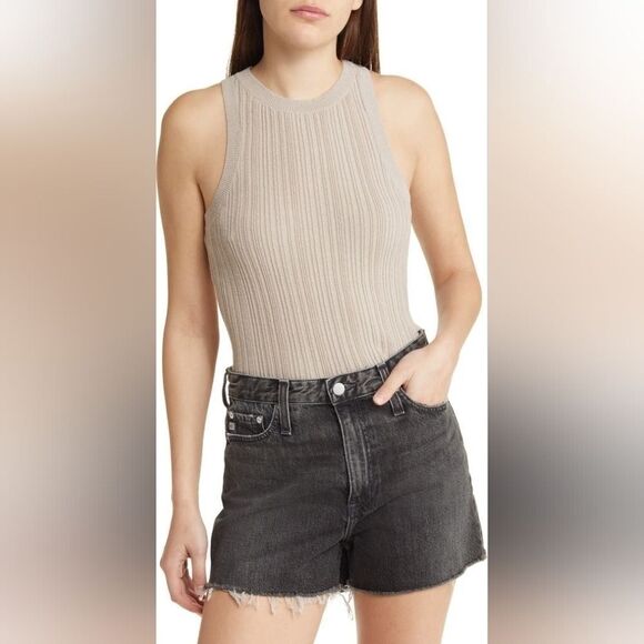 ZARA Nude Ribbed Knit Crewneck Chic Tank Top Size Small - Picture 1 of 6
